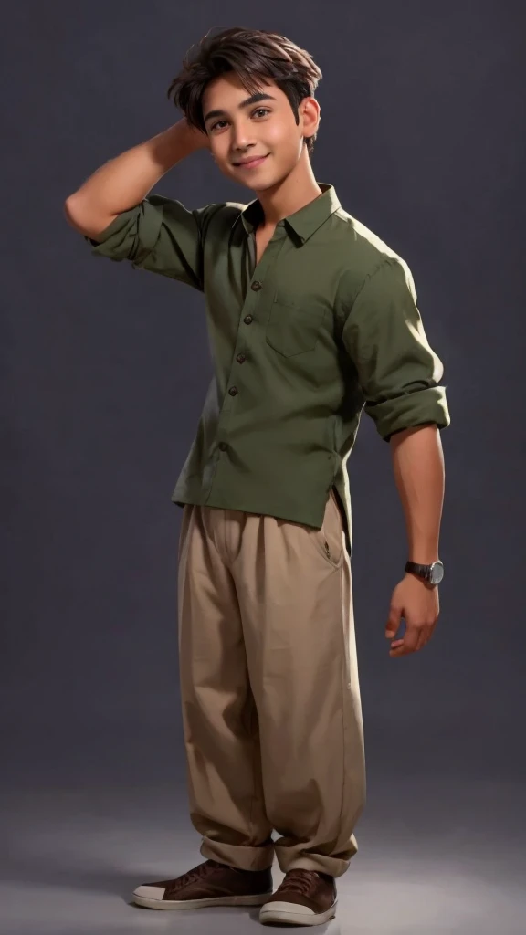 Handsome boy standing in power pose with cute smile on face