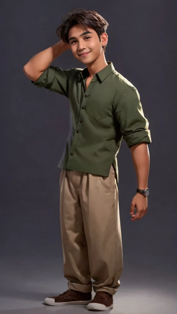 Handsome boy standing in power pose with cute smile on face