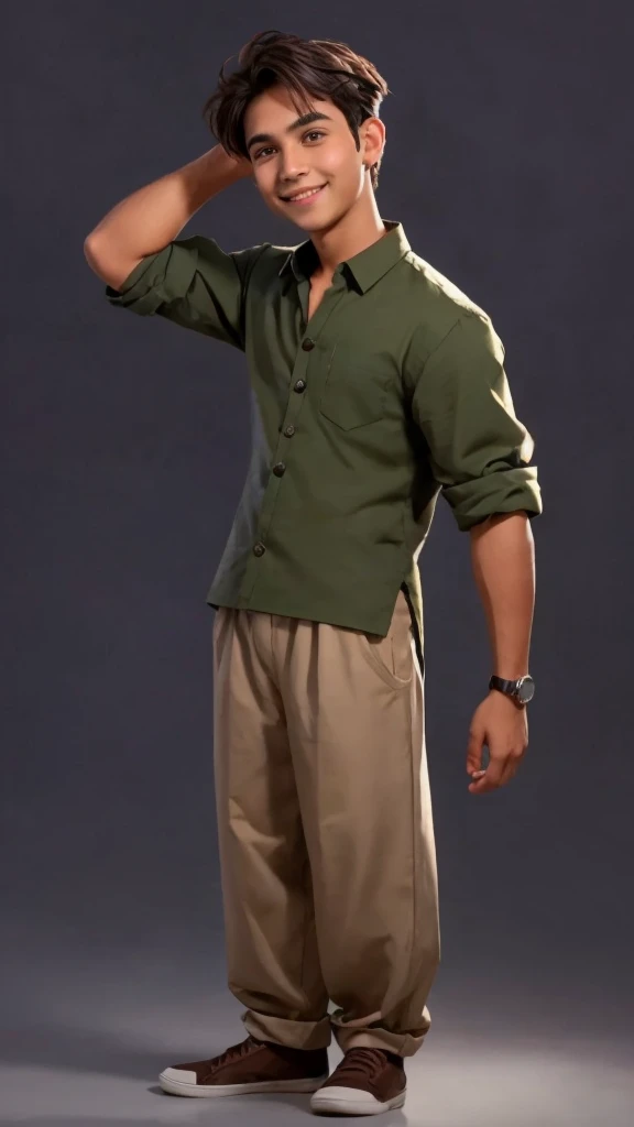 Handsome boy standing in power pose with cute smile on face