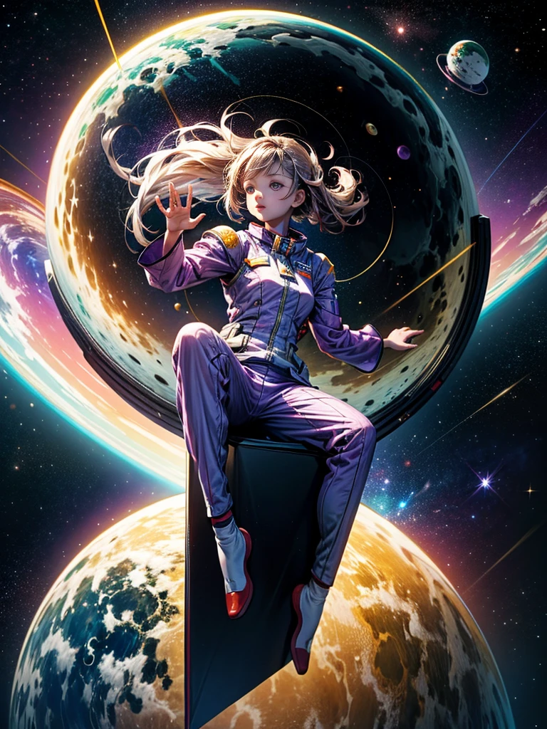 Alfid girl in purple pajamas sitting on a huge white object, Floating in outer space, Floating in space, floating in zero gravity, floating on space, floats in space, girl in space, floating in the universe, Suspended in zero gravity, weightless in space, floating beside planets, floating in deep space, floating into the sky, Floating in the sky