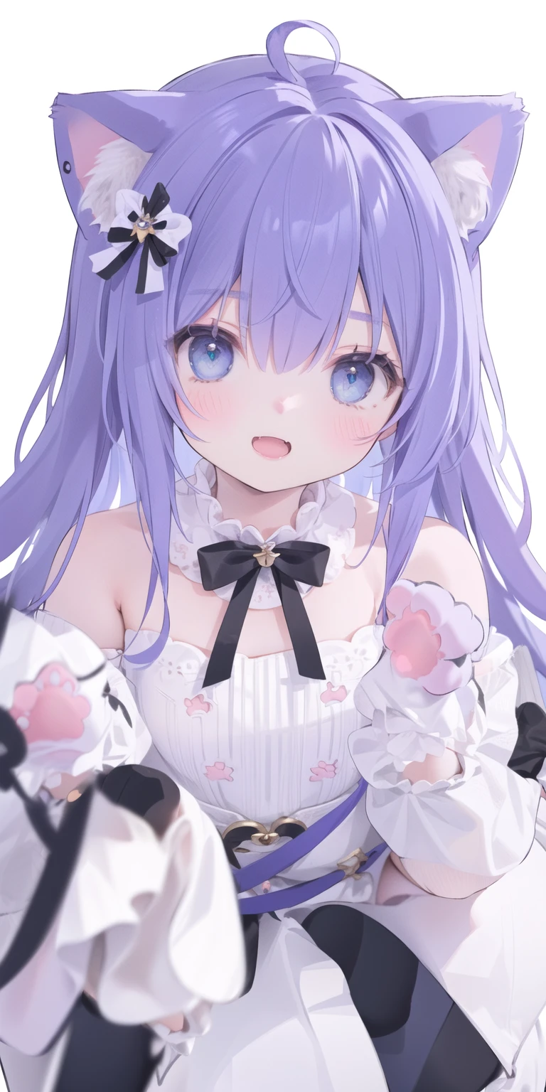 Cute Loli，Long hair，Purple Hair，Close one eye，Smile，open mouth，Piece logo，Big blue eyes，White Lolita，Pleated Skirt，Cat ears，Cat&#39;s Tail，Bow，Hair accessories，(Cat's paw gloves:2.0)，(White boots:2.0)，Leg ring，(whole body:1.7)，stage，Sing，Dance，(Paw pose:1.3)
