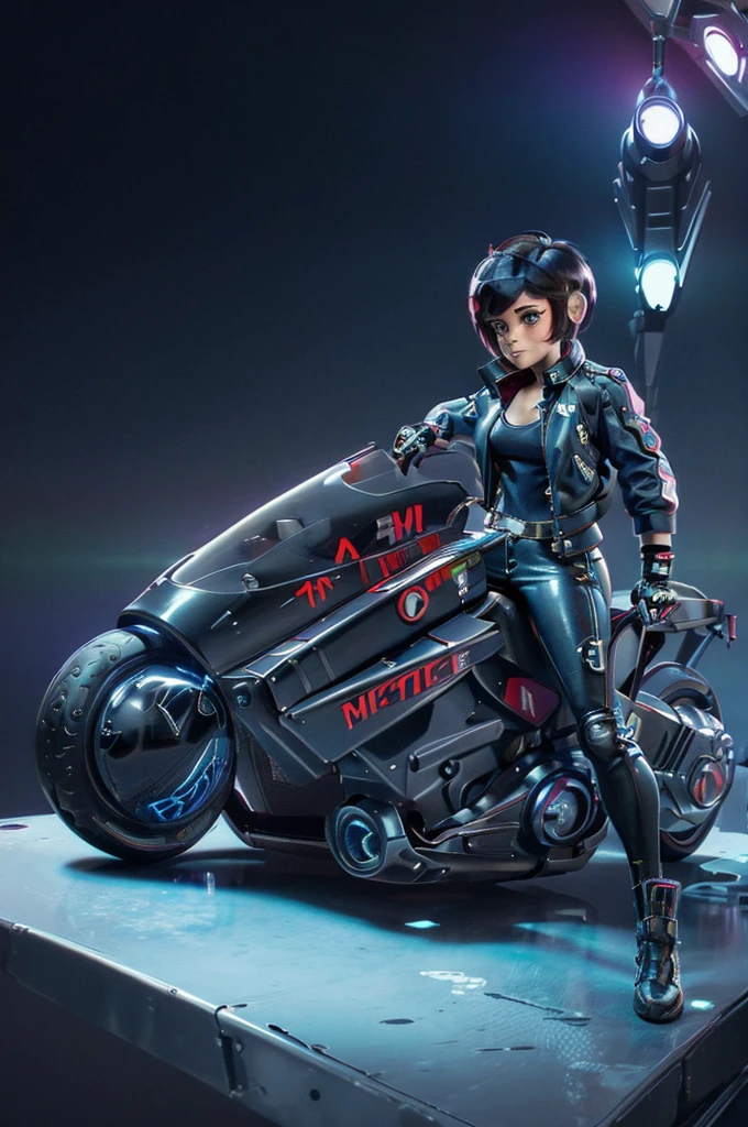 (masterpiece, best quality), female character sitting on a stationary motorcycle, cyberpunk style, leather jacket, Baggypants, short hair with vibrant highlights, confident expression, detailed futuristic motorcycle, neon accents, sleek design, high-tech elements.,