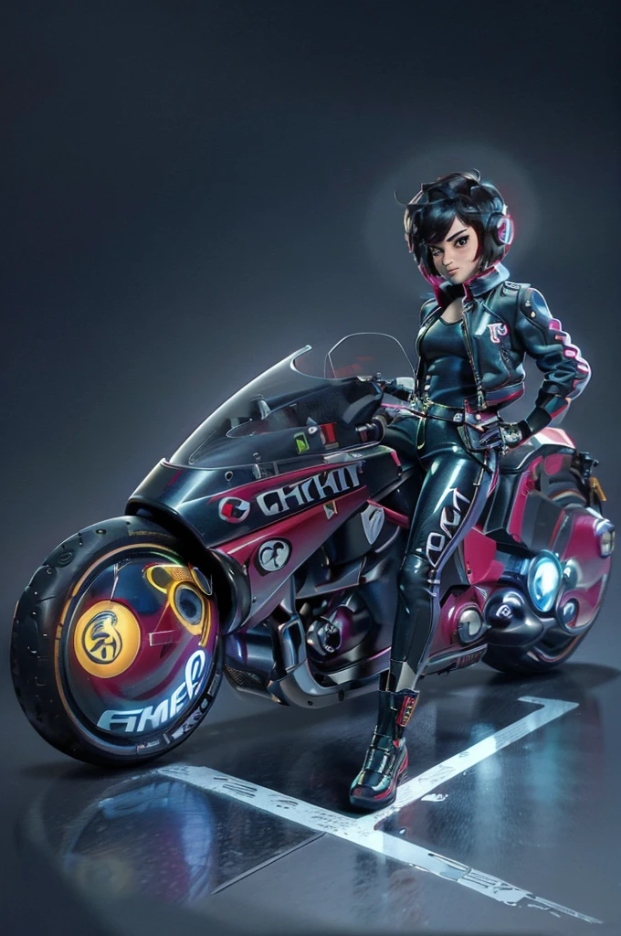 (masterpiece, best quality), female character sitting on a stationary motorcycle, cyberpunk style, leather jacket, Baggypants, short hair with vibrant highlights, confident expression, detailed futuristic motorcycle, neon accents, sleek design, high-tech elements., 