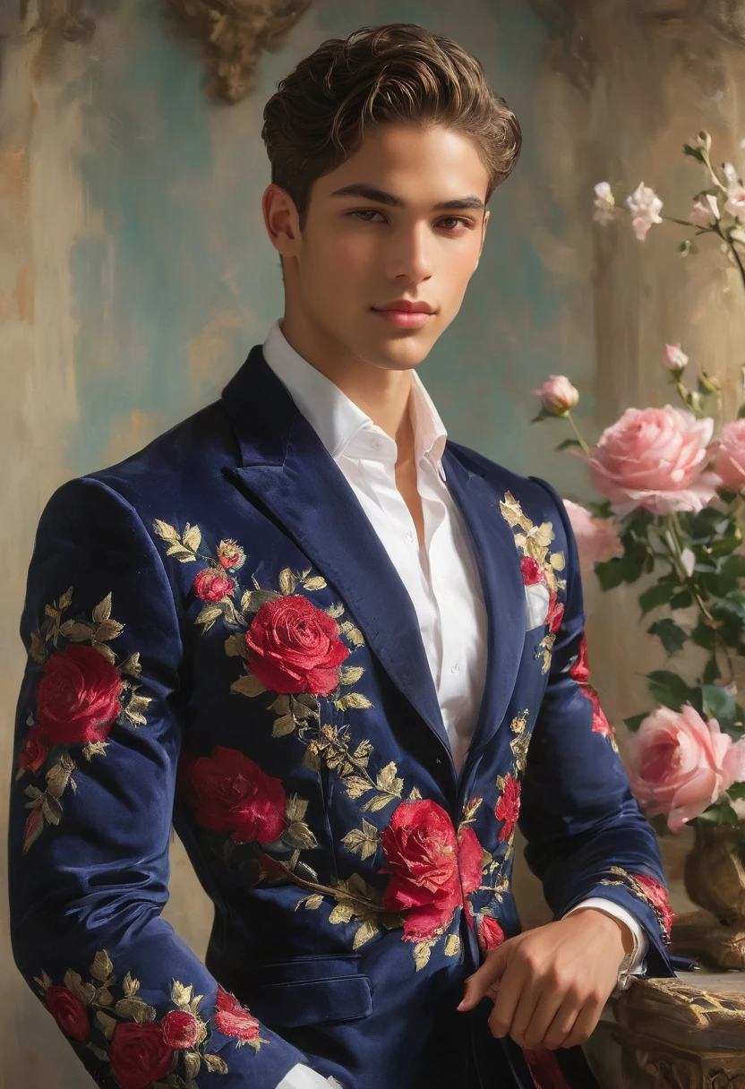 Create an image of a young man inspired by the characteristics of the rose 'The Prince, mixed race male model 23-25 year old, (angel face, prince eyes, lightly sweet smile), standing in a poised and regal posture, hand resting by his side, evokes a sense of deep contemplation and elegance. He is dressed in a deep, rich velvet robe in dark deep purple or red wine, adorned with intricate embroidery, complemented by dark pajamas. with detailed textures and luxurious silk fabrics. The composition places the model slightly off-center, allowing for a view of a lush luxury decoration background with hints of blooming deep-red roses, creating a natural yet sophisticated setting. Soft diffused lighting highlights the model's features and clothing, casting gentle shadows that add depth and dimension to the image. The overall atmosphere is one of quiet intensity and refined elegance, with a subtle hint of romanticism. The photo is taken at eye level with a slight upward angle to emphasize the model's regal presence, using a medium-format camera, Canon EOS R7 and Sigma AF 85mm F1.4 EX DG HSM lens, to achieve a shallow depth of field, ensuring the model stands out sharply against the softly blurred background. by photographers Thomas Synnamon known for his ability to capture elegance and refinement in fashion photography, golden hour dreamlike settings and intricate details complements the theme perfectly.