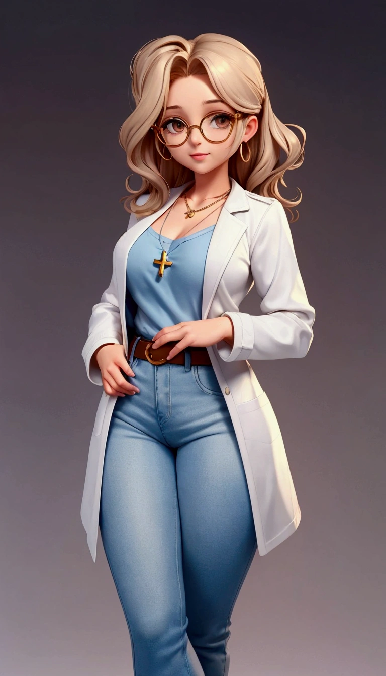 I created a character called Olivia, a 30-year-old aromatherapist specializing in essential oils, ((white)), wavy and golden blonde hair, spread sideways, at shoulder height, Brown eyes , wears round brown glasses, she is gentle and delicate, wears a light blue shirt, blue jeans with a brown belt and a white long-sleeved doctor's coat. she has a golden wedding ring on her left ring finger and wears a necklace with a golden crucifix. make her look at the camera, com background branco.