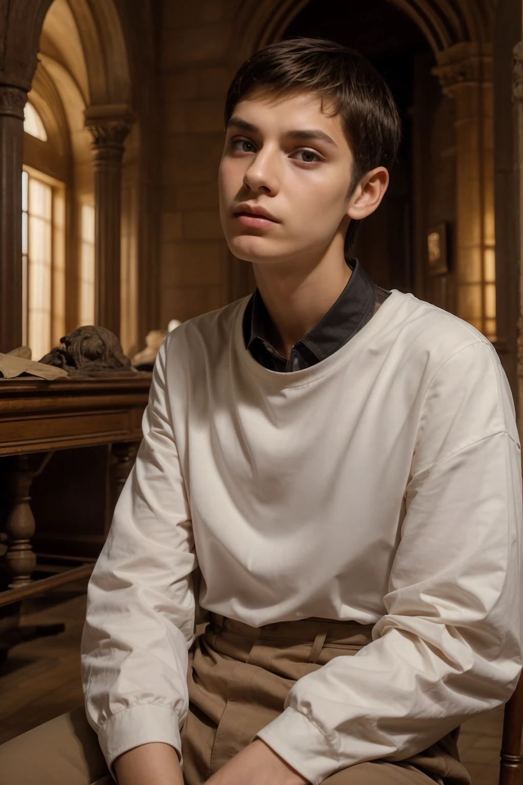 A cute, beautiful male twink with black hair and a face with makeup. He is wearing a white long-sleeved shirt and brown pants. He is in the Museum of Historical Antiquities, looking in wonder and shock as he sits on a chair.