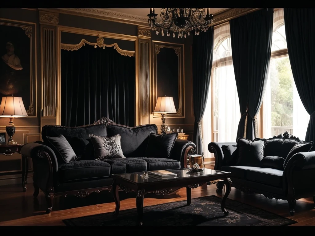 Dark room with black sofa The floor is black Lace curtains and large windows There is a black cat Dark fantasy