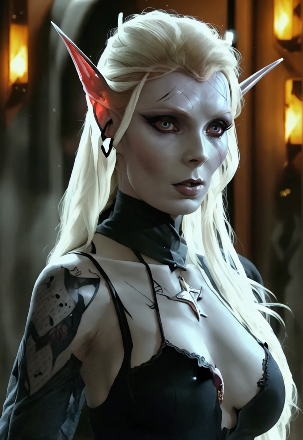 A dark elf (Beverly Crusher, age 30, pale white skin, large pointy ears, blood red eyes, large evil tattoos, sheer black lingerie), she is studying the glyphs in her summoning chamber, show all of her
