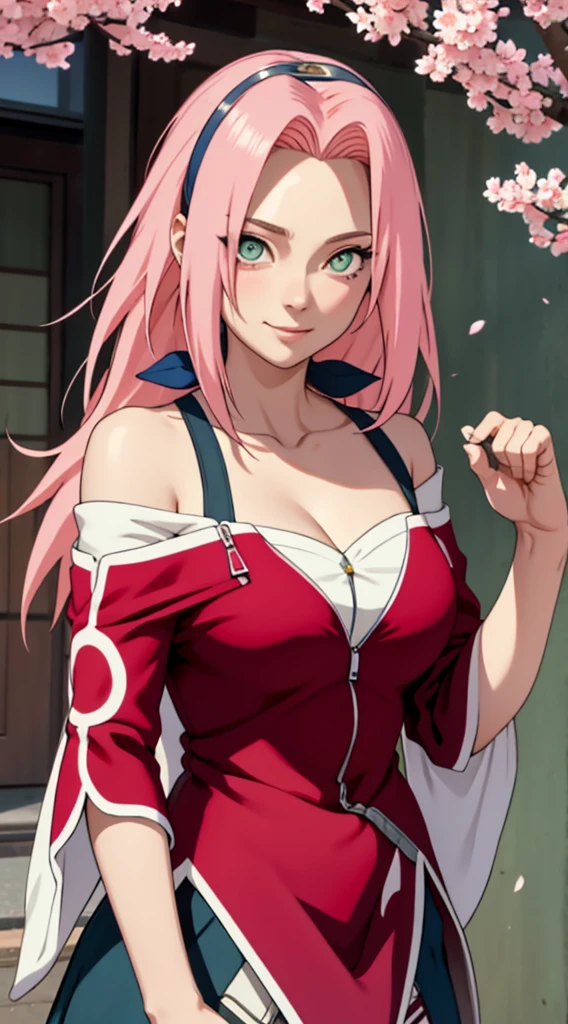 tmasterpiece, Best quality at best, 1girll, Sakura Haruno, Large breasts,Off-the-shoulder attire,(cleavage),(upperbody closeup),Raised sexy,is shy,ssmile,with pink hair, long whitr hair, (Green eyeballs:1.4), Forehead protection, the cherry trees,Cherry blossoms flying,Red clothes,Zipper half