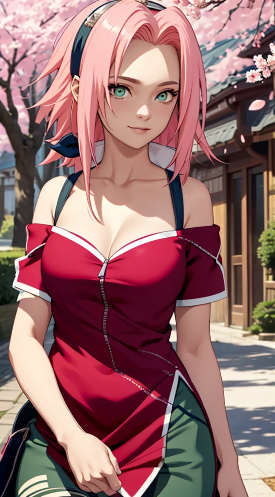 tmasterpiece， Best quality at best， 1girll， Sakura Haruno， Large breasts，Off-the-shoulder attire，（cleavage)，（upperbody closeup)，Raised sexy，is shy，ssmile，with pink hair， long whitr hair， （Green eyeballs:1.4)， Forehead protection， the cherry trees，Cherry blossoms flying，Red clothes，Zipper half