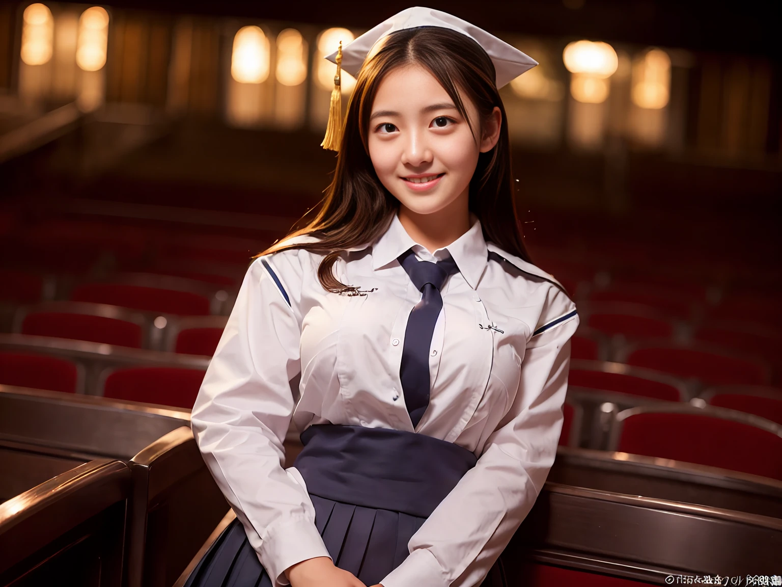 Cute 16 year old girl in graduation uniform,Japanese,Highly detailed eyes and face, Sharp pupils, Cinema Lighting,Quiet atmosphere、Beautiful details,Highly detailed eyes and face、Ultra-wide angle shooting、Smiling、Plump Breasts、Large Breasts, Sexy, Expose, pants, Rolling up her skirt