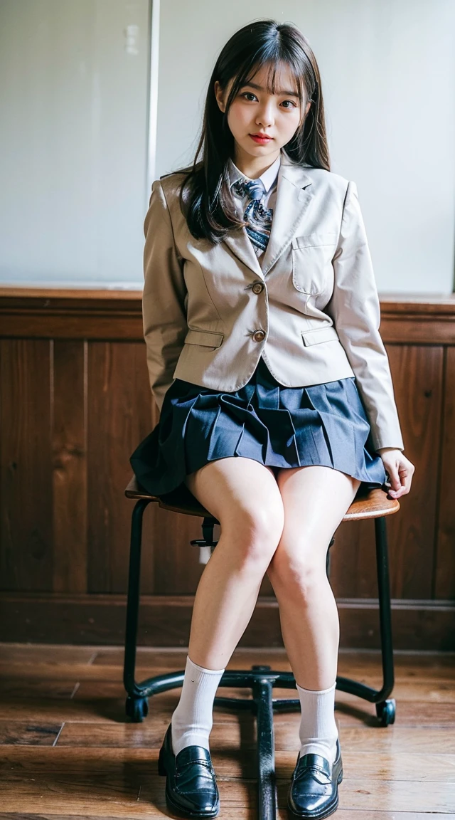 (8K、RAW Photos、Highest quality、masterpiece:1.2)、(Realistic、Photorealistic)、1 Girl、((Check mini skirt、Loafer Uniform、blazer、Big Breasts、classroom、I sat on a chair、Viewed from the front、Stand with your feet apart、))、Lots of eyelashes、Add shine to your eyelids、skeletally correct、Show off your panties、Open your legs to the side、Panty Shot、sexy