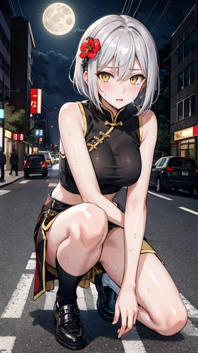 young girl 16 years old, short silver bob hair, hair flower, sharp bangs between the eyes, yellow  eyes, eyes large, provocative look, obscene expression, notable physical features, traditional chinese imperial clothes black with gold details, red skirt, black thigh high socks., half-sided angle, crouched in the street. japanese city, outdoor city, city at night, with full moon in the background, light reflecting on the sexy and sweaty body. (((sweat))) (work of art:1.2,) (best qualityer.)