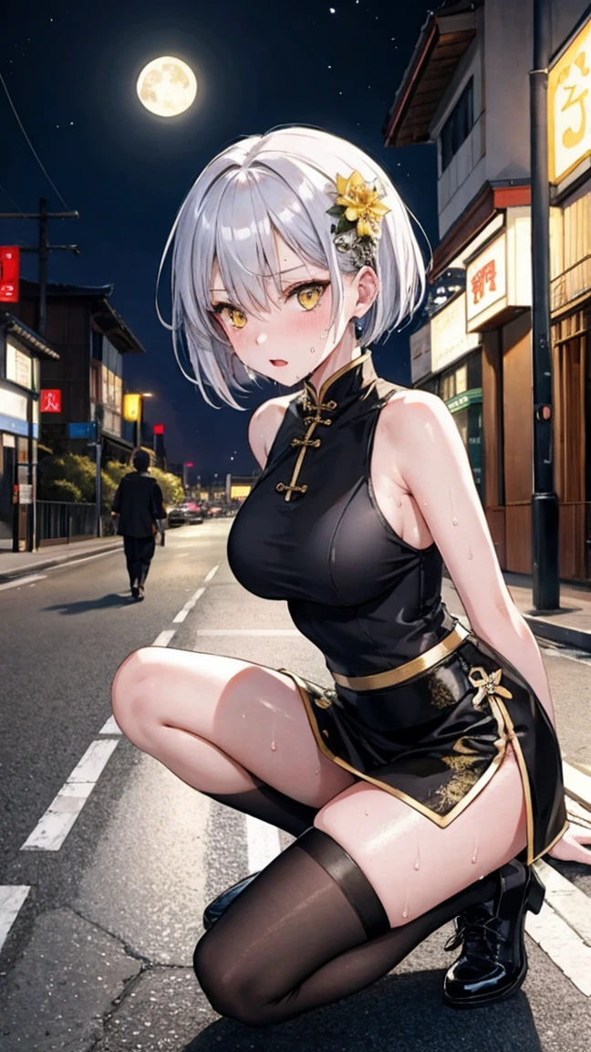 young girl , short silver bob hair, hair flower, sharp bangs between the eyes, yellow  eyes, eyes large, provocative look, obscene expression, notable physical features, traditional chinese imperial clothes black with gold details, red skirt, black thigh high socks., half-sided angle, crouched in the street. japanese city, outdoor city, city at night, with full moon in the background, light reflecting on the sexy and sweaty body. (((sweat))) (work of art:1.2,) (best qualityer.)