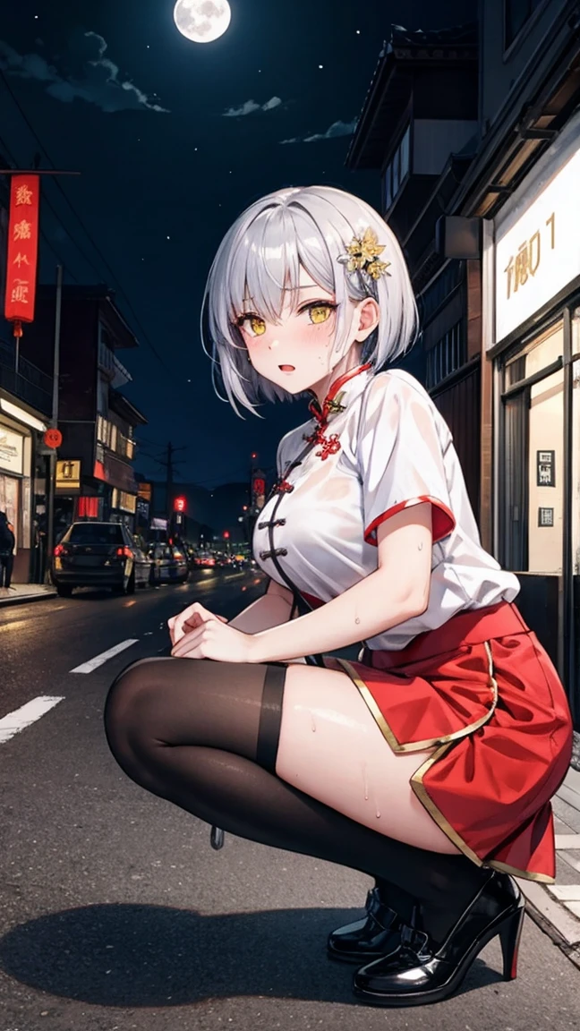 young girl , short silver bob hair, hair flower, sharp bangs between the eyes, yellow  eyes, eyes large, provocative look, obscene expression, notable physical features, traditional chinese imperial clothes black with gold details, red skirt, black thigh high socks., half-sided angle, crouched in the street. japanese city, outdoor city, city at night, with full moon in the background, light reflecting on the sexy and sweaty body. (((sweat))) (work of art:1.2,) (best qualityer.)