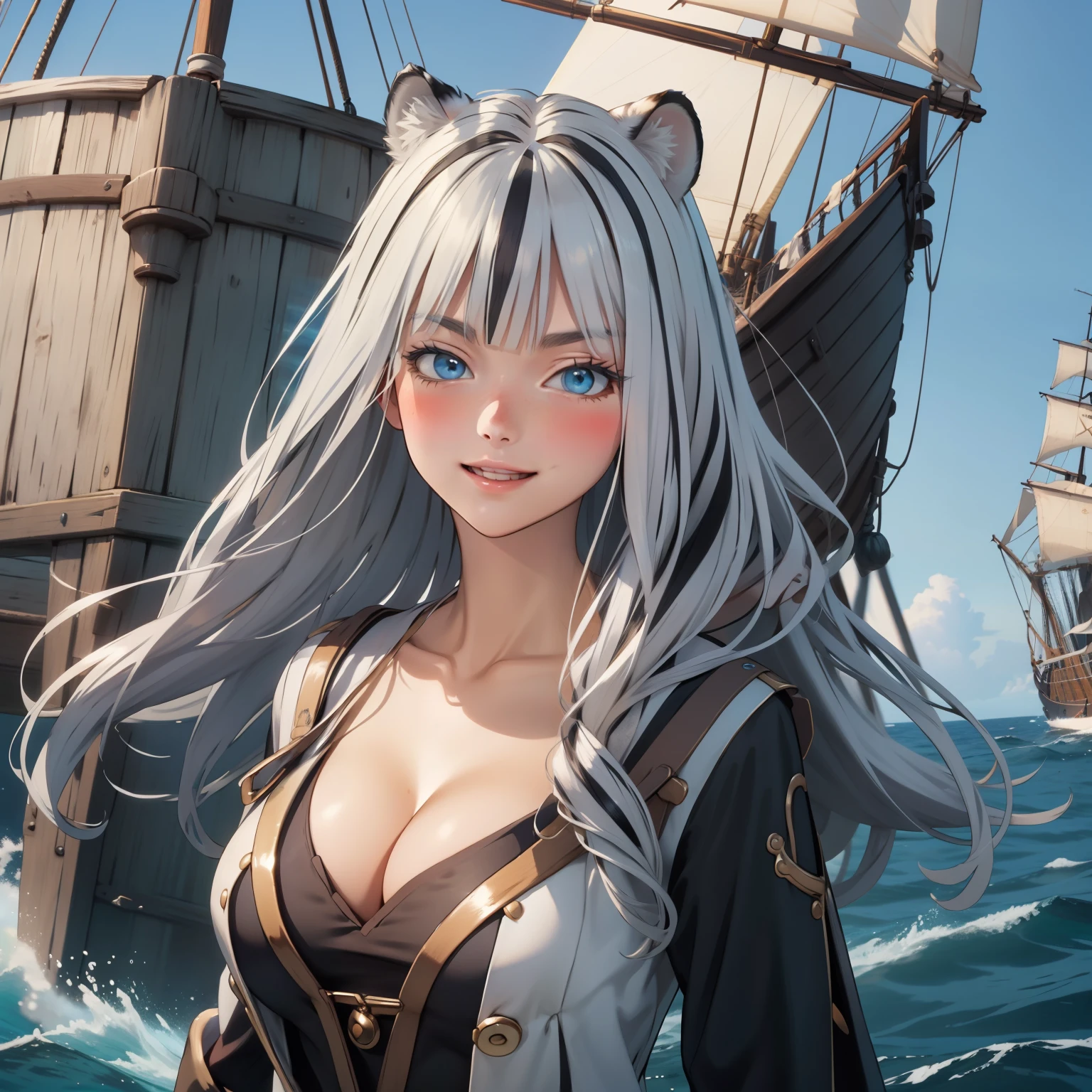 Atlas Fayon woman 25 years old, white hair with black stripes, blue eyes like sapphires, white tiger ears, SMILE, blush, big breasts. dressed as a pirate, pirate clothes, neckline, background a pirate ship in the middle of the ocean. floating hair, mature face.