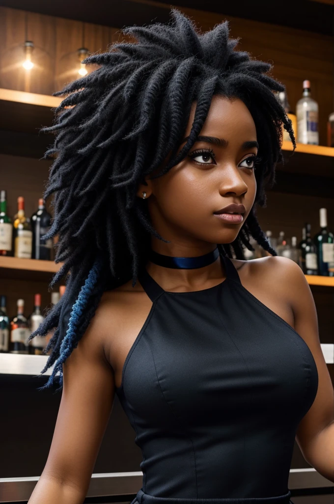 Animation boku no hero academia, afro girl, black hair with BLUE locks, wide, black eyes and long eyelashes, high, wears a short black dress, serious look. background of a bar, has a strap on his neck, whole body