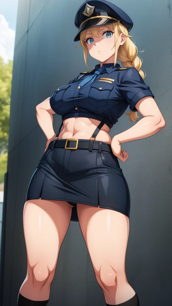 a cartoon character in a sexy suit posing on the street with a bush, policeman, police uniform, 1 girl, policewoman, shirt, skirt, hat, tie, police cap, blue eyes, gloves, breasts, blonde hair , thighs, solo, navel, suspender straps, looking at viewer, short sleeves, large breasts, underwear, miniskirt, midriff, ass visible through thighs, panties, outdoors, indentation, braid, hand on hip, belt, black skirt, uniform, collared shirt, flirty look, thigh highs, peaked cap, crop top, black panties, blue shirt, chest pocket, V-shaped eyebrows, Eiko Tsukimi, blue eyes, braid, twin braid , blonde hair, baseball cap
