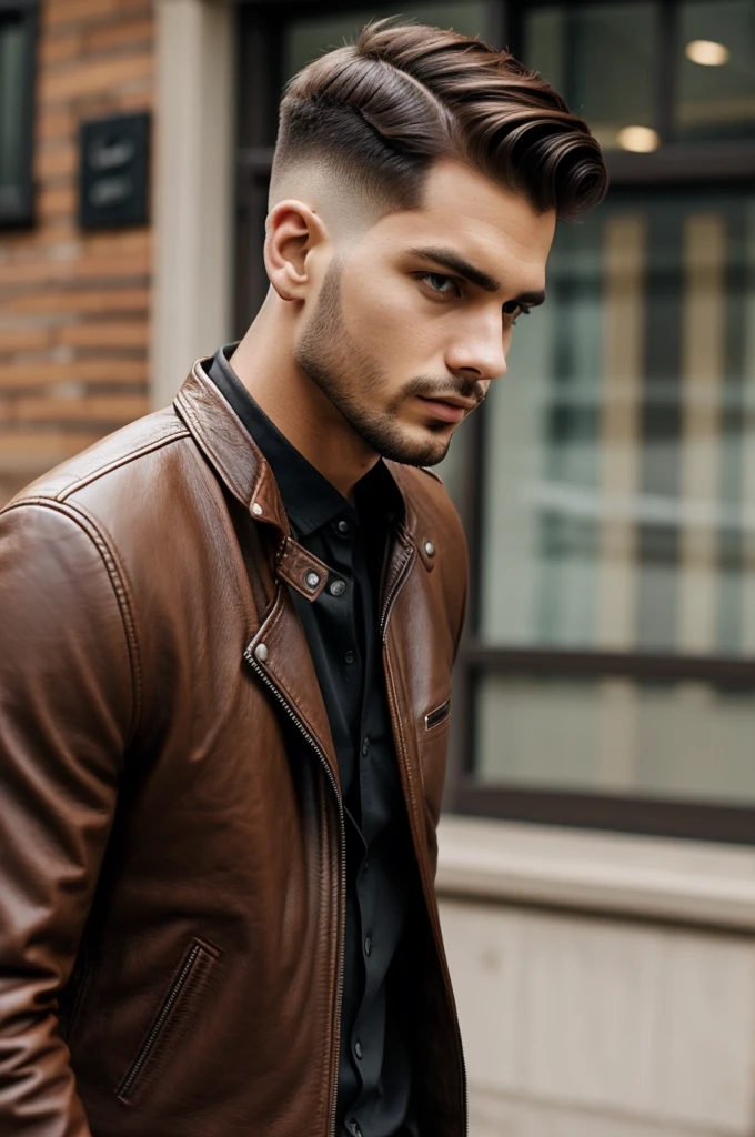 Man with brown leather jacket, black shirt,brown undercut style haircut