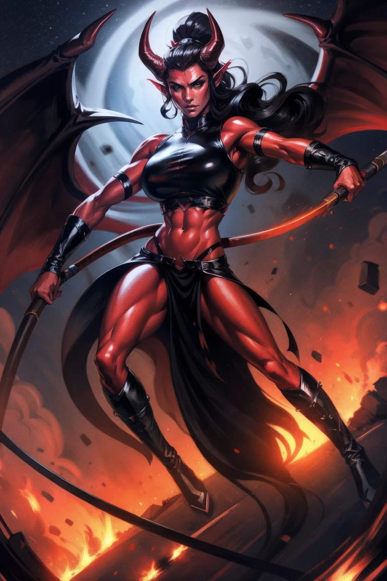 Red skin succubus tiefling, medium breasts, black horns, wings, huge tail, black leather, crop top, long flowing pelvic curtain, tall, toned, graceful, thin, long black ponytail. Action scene, whip. Dark scene, explosions, night sky.