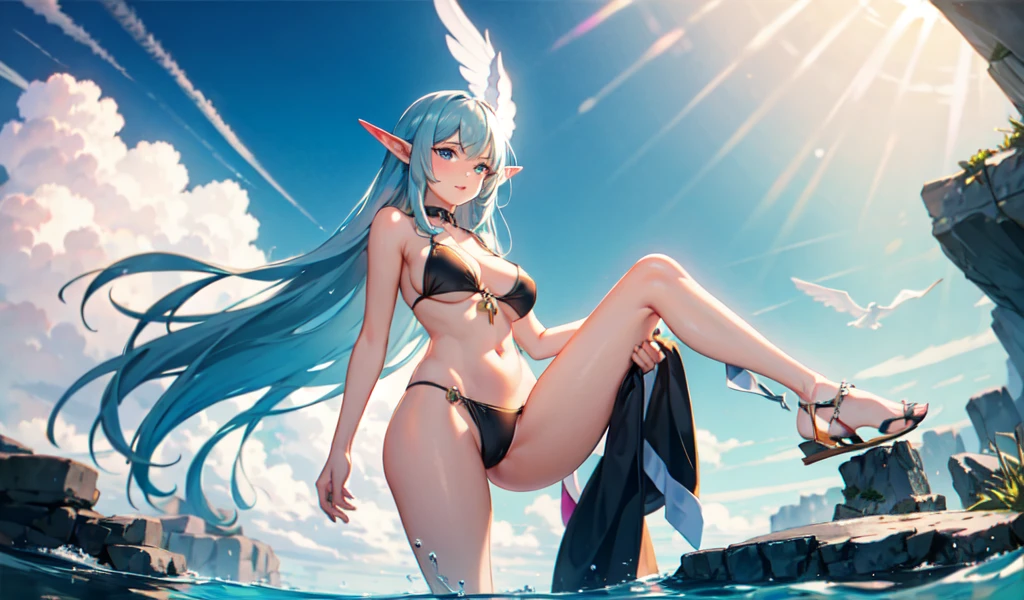 ((best quality)), ((masterpiece)), (detailed), 1girl,Beautiful Elf Woman,
bikini.Angle from below,Mysterious Pond,Standing with legs spread out