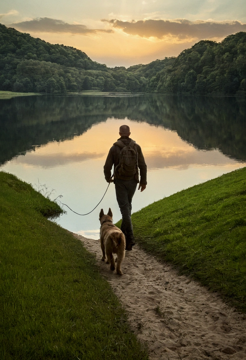 há um homem passeando com um cachorro por uma trilha com um lago ao fundo, por Sebastian Spreng, por Niko Henrichon, por Eugeniusz Zak, por Matt Cavotta, Obturador, Direção: Gusztáv Kelety, por Zoran Mušič, por Aleksander Gierymski