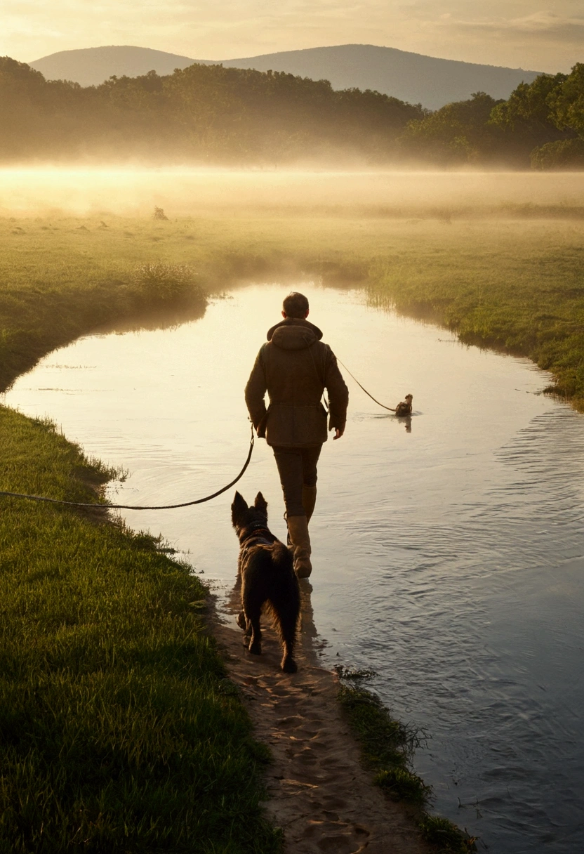 há um homem passeando com um cachorro por uma trilha com um lago ao fundo, por Sebastian Spreng, por Niko Henrichon, por Eugeniusz Zak, por Matt Cavotta, Obturador, Direção: Gusztáv Kelety, por Zoran Mušič, por Aleksander Gierymski
