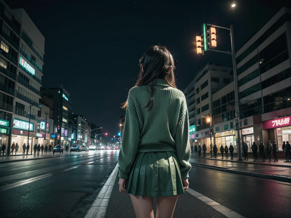 City landscape combination of Mexico and Japan modern avenue anime night neon lights, anime girl in the middle of the street with her back to her in dark green sweater and gray skirt