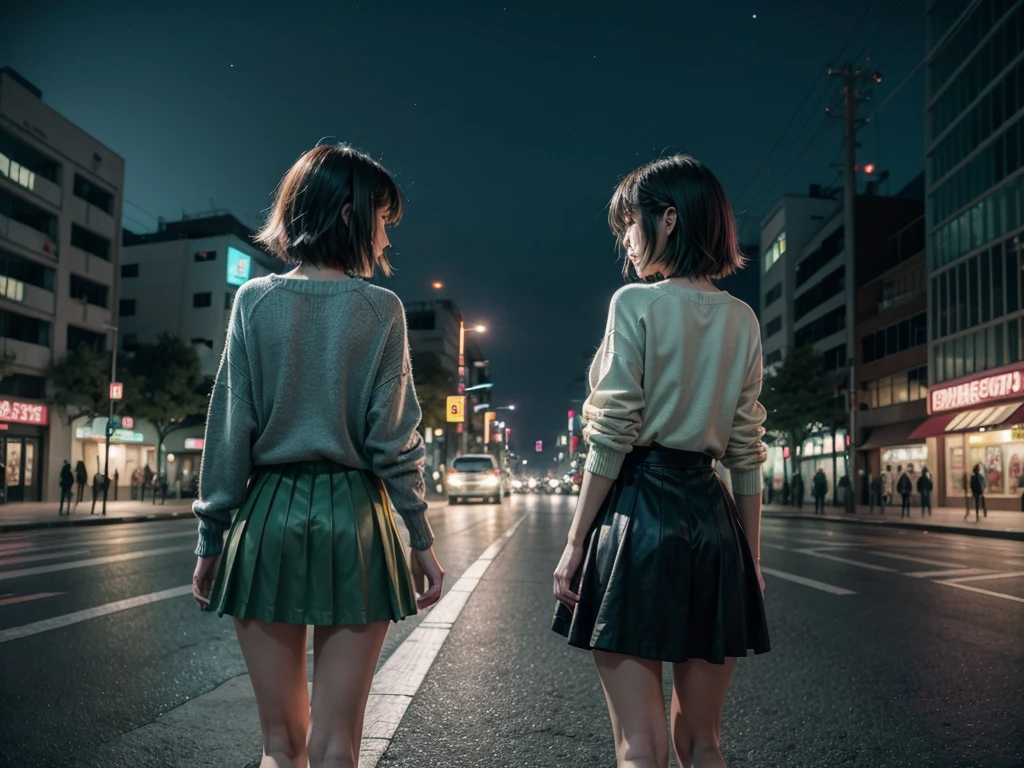 City landscape combination of Mexico and Japan modern avenue anime night neon lights, anime girl in the middle of the street with her back to her in dark green sweater and gray skirt