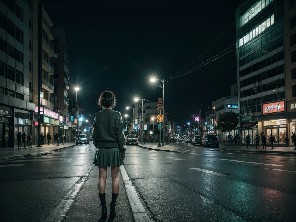 City landscape combination of Mexico and Japan modern avenue anime night neon lights, anime girl in the middle of the street with her back to her in dark green sweater and gray skirt