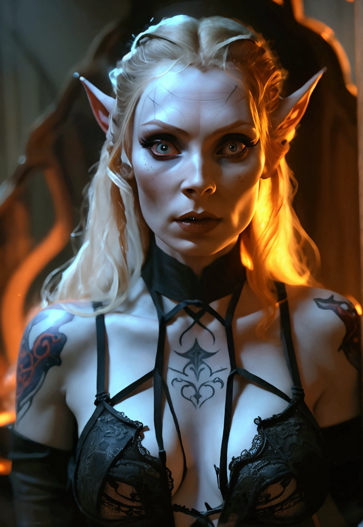A dark elf (Beverly Crusher, age 30), pale white skin, large pointy ears, blood red eyes, large evil tattoos, sheer black lingerie, posing sultry in her summoning chamber, entire body, (best quality,4k,8k,highres,masterpiece:1.2),ultra-detailed,(realistic,photorealistic,photo-realistic:1.37),dark fantasy, chiaroscuro lighting, moody atmosphere, intricate details, dramatic lighting, cinematic composition