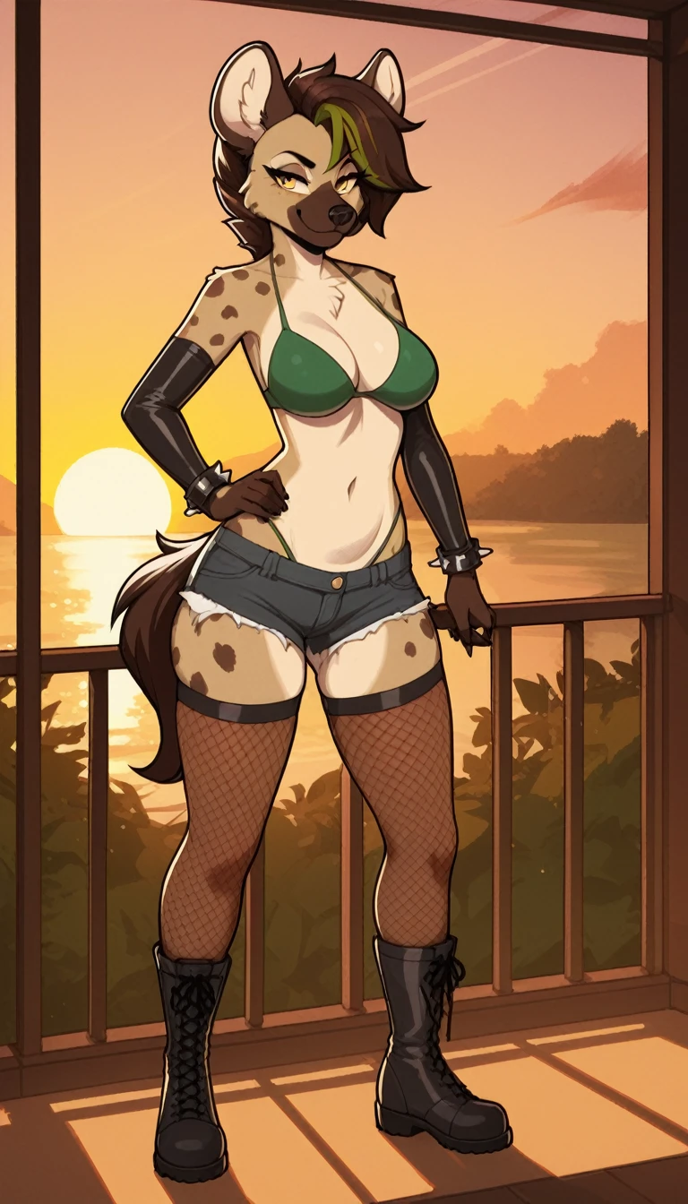 (by Kilinah), 1girl, anthro, furry, fur, fluffy fur, hyena girl, green hair (brown highlights), yellow eyes, short hair, full body, (45 years), medium breast, thicc thighs, solo, (bedroom), sunset, detailed, green bikini, shorts, Spiked wristband, fishnet armwear, fishnet stockings, black boots, smug smile, sunset, smile, (milf), (mature woman), standing, score_9, score_8_up, score_7_up, score_6_up, score_5_up, score_4_u