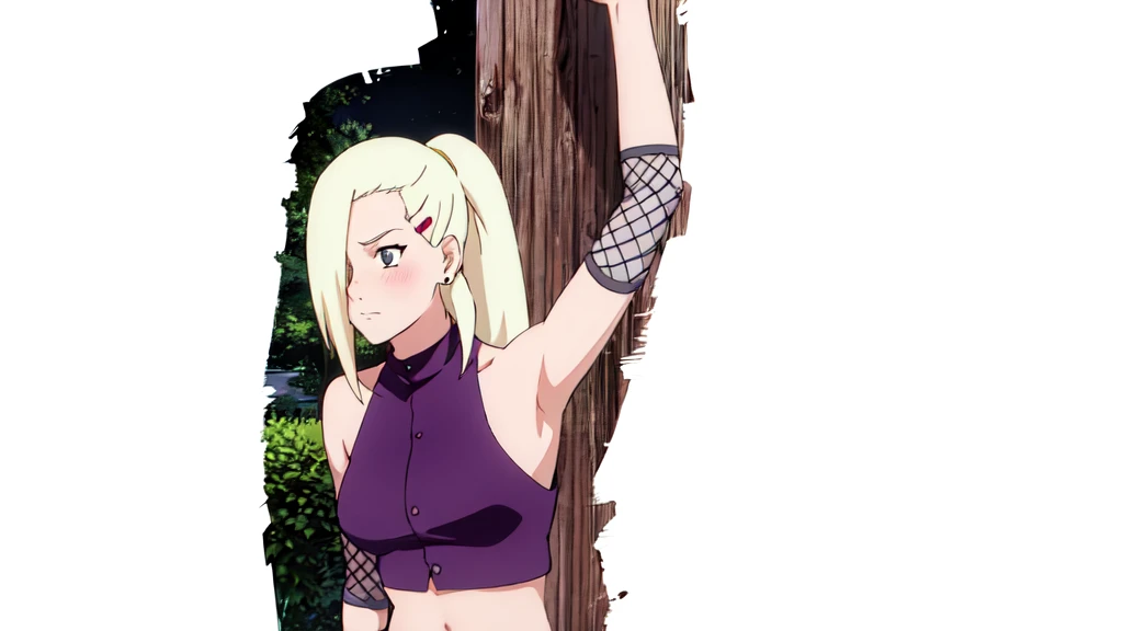 1girl, solo, looking to the right, ponytail, hair over one eye, hairclip, earrings, long hair, blonde hair, sleeveless shirt, bare shoulders, ninja, upper body, midriff, navel, fishnets, arms up, armpits, showing armpits, masterpiece, by masashi kishimoto, purple crop top, slight blush