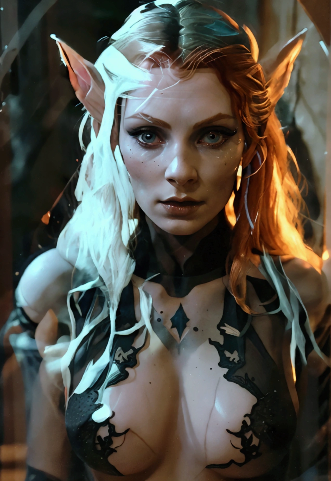 A dark elf (Beverly Crusher, age 30), pale white skin, large pointy ears, blood red eyes, large evil tattoos, sheer black lingerie, posing sultry in her summoning chamber, entire body, (best quality,4k,8k,highres,masterpiece:1.2),ultra-detailed,(realistic,photorealistic,photo-realistic:1.37),dark fantasy, chiaroscuro lighting, moody atmosphere, intricate details, dramatic lighting, cinematic composition
