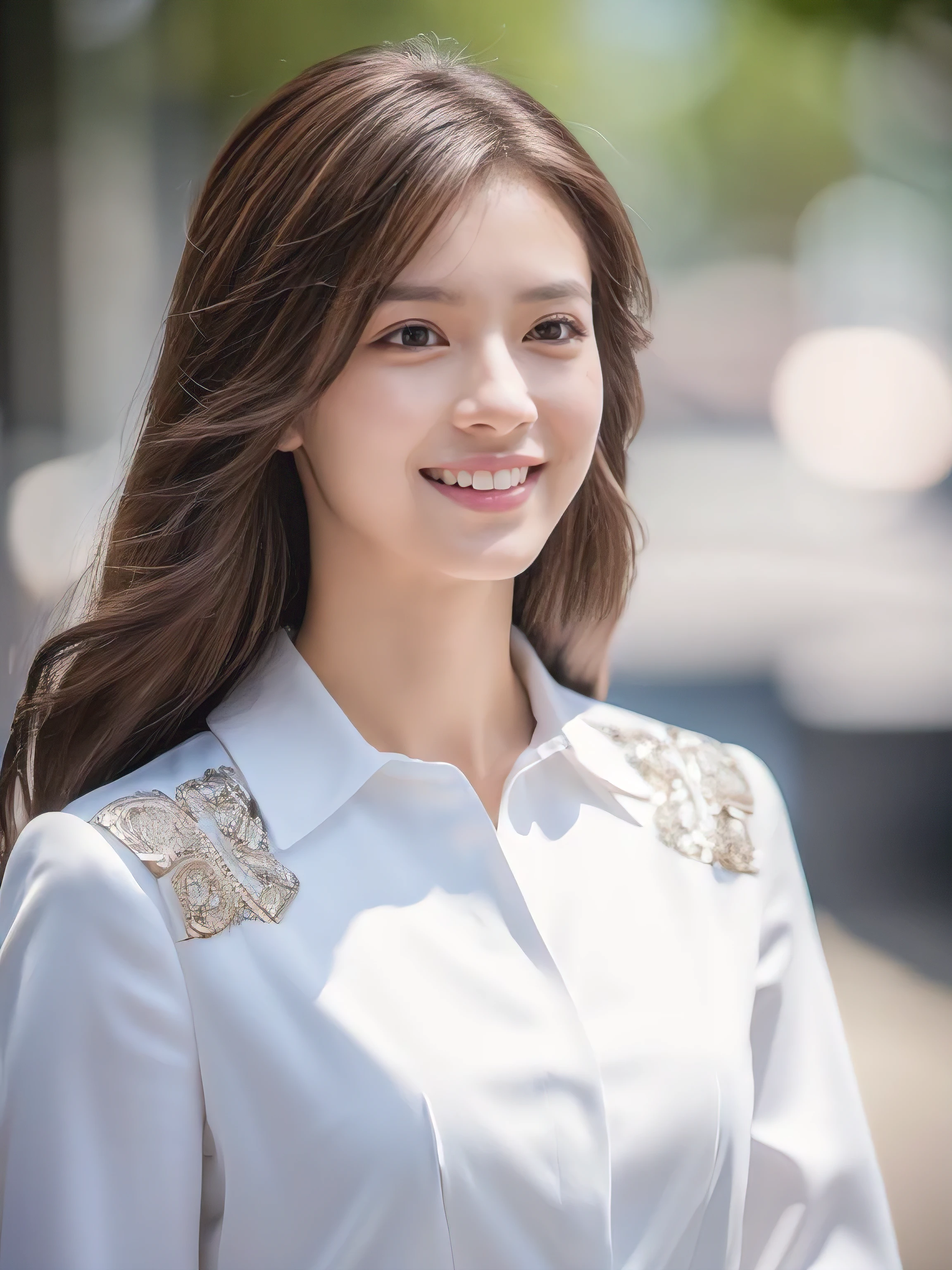 ((Highest quality, 8K, masterpiece: 1.3)), 1 Girl, smile, whole body, Slim face, Beautiful woman, Medium dark brown hair, White crisp shirt at upper body, The top half is black straight suit pants, High heels, Highly detailed face, Fine grain, double eyelid, Blurred Background, Slim face, skyscraper, West Shot,