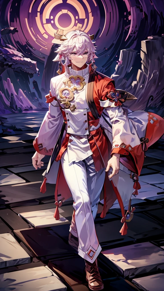 Muscular man, alone, white windbreaker, white long pants, white hair, black locks of hair, Japanese-looking man, dragon horns, violet-colored military boots, evil smile, dark brown eyes, fantasy scenery, walking through the flames of darkness.