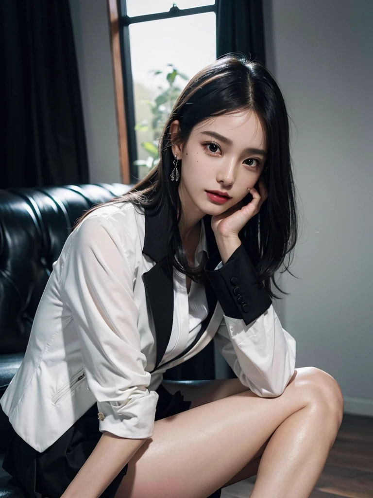 absurdres, RAW photo, extremely delicate and beautiful, masterpiece, Best Quality, ultra high resolution, 32k, hyperrealistic, ultra-detailed, perfect figure, Perfect Style, Perfect balance, in her 20s, very small head, very small face, delicate facial features, tearful mole, earring, very huge breasts, (full body shot:1.2), (bare legs:1.2), medium hair, black hair, (business suit:1.2), (jacket:1.2), blouse, short skirt,