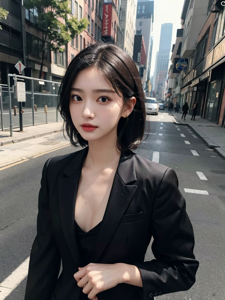 absurdres, RAW photo, extremely delicate and beautiful, masterpiece, Best Quality, ultra high resolution, 32k, hyperrealistic, ultra-detailed, perfect figure, Perfect Style, Perfect balance, in her 20s, very small head, very small face, delicate facial features, tearful mole, earring, very huge breasts, full body shot, bare legs, medium hair, black hair, (business suit), open jacket, (blouse), short skirt,