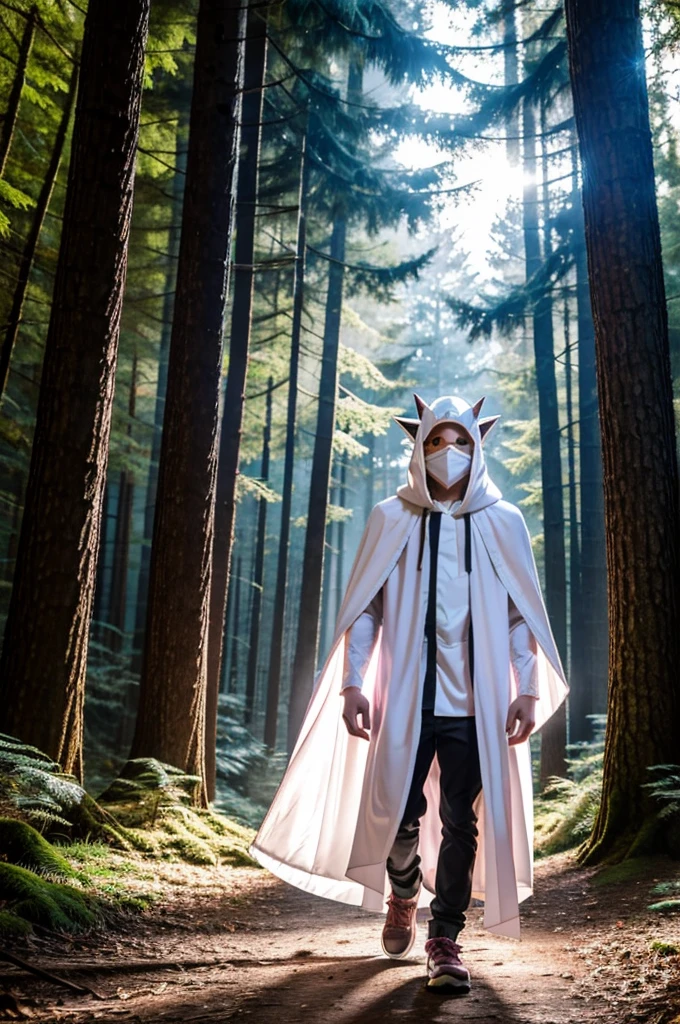 A white haired teenage boy in a long thin white cloak with a straight light pink pattern wearing a traditional wood carved mask resembling the Pokémon Zoroark covering his face walking through a forest. lush forest, semi-dim lighting, high quality, masked 