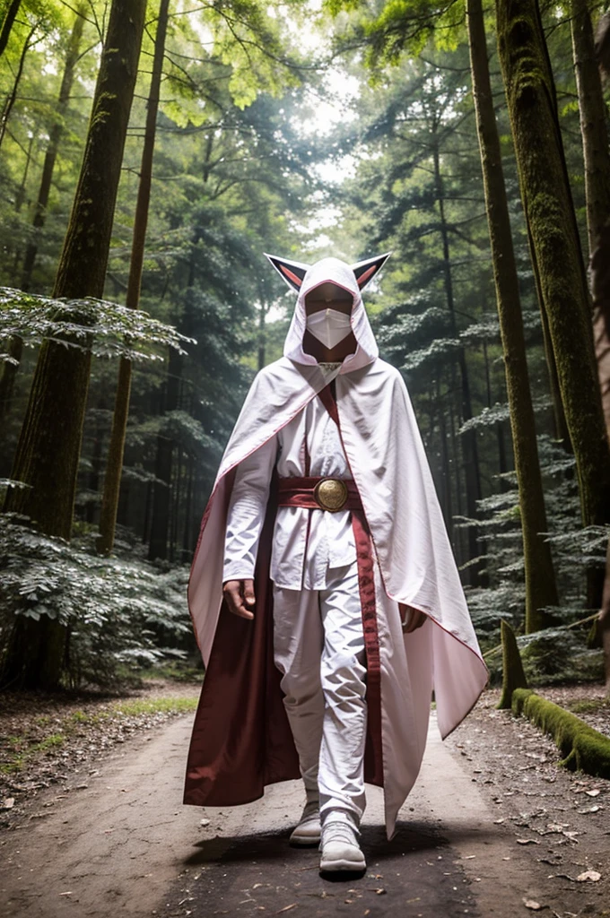 A white haired teenage boy in a long thin white cloak with a straight light pink pattern wearing a traditional wood carved mask resembling the Pokémon Zoroark covering his face walking through a forest. lush forest, semi-dim lighting, high quality, masked