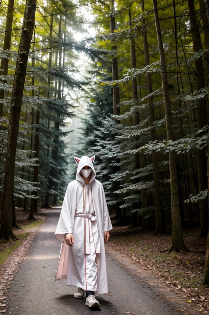 A white haired teenage boy in a long thin white cloak with a straight light pink pattern wearing a traditional wood carved mask resembling the Pokémon Zoroark covering his face walking through a forest. lush forest, semi-dim lighting, high quality, masked