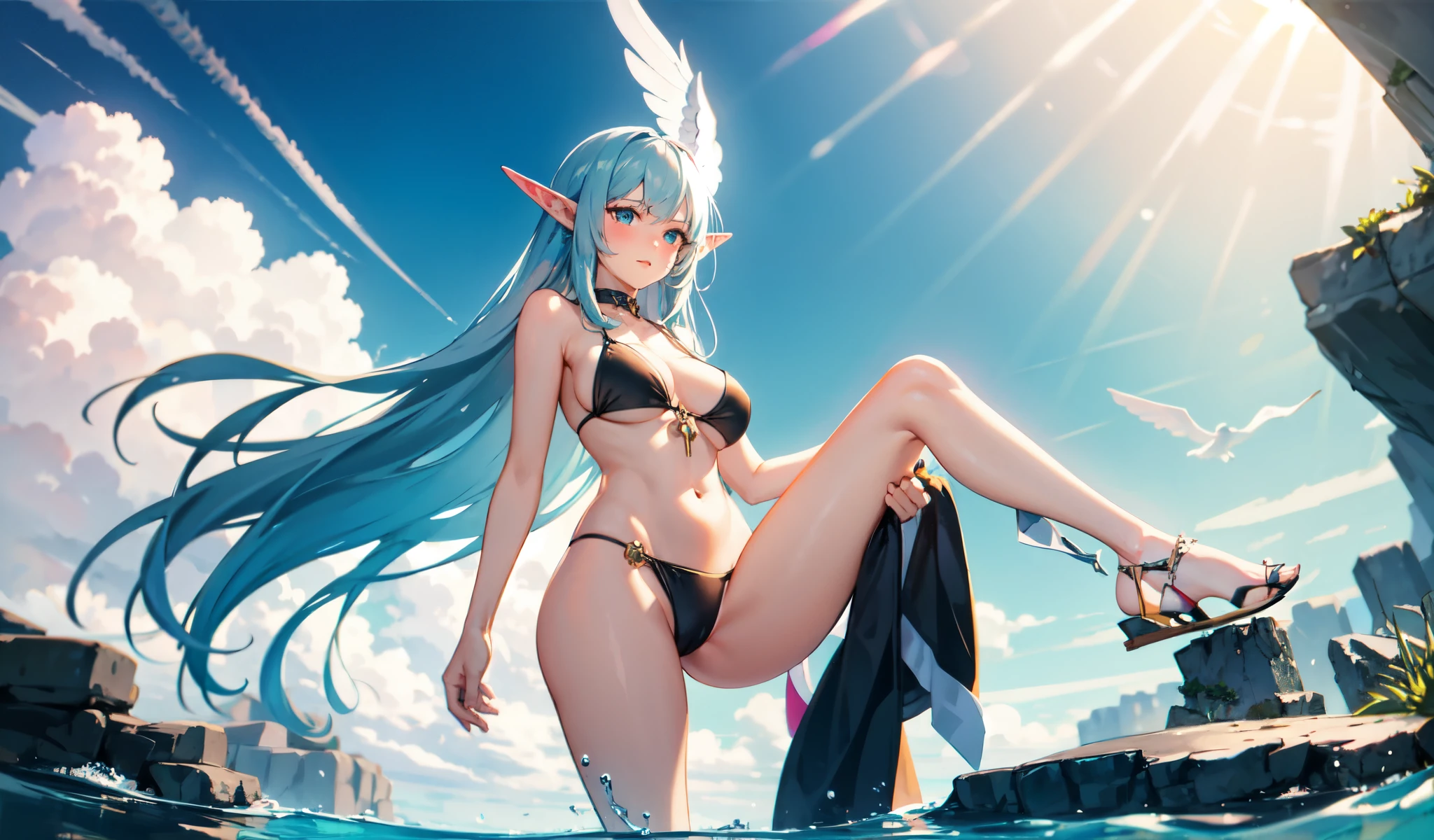 ((best quality)), ((masterpiece)), (detailed), 1girl,Beautiful Elf Woman,
bikini.Angle from below,Mysterious Pond,Standing with legs spread out