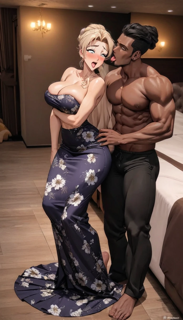 (1 young man), (1 asian Mom), (Duet), A mom seduces a young blackman，（strong and naked black man，short pants，muscle body，bodybuilder），（a young mom with big breasts，narrow waist，bare shoulders，(long skirt dressed, floral print, naked）, European 40 year old milfs and th1 young black man r, best quality:1.4), (Ultra-high resolution:1.2), (8K, RAW photos:1.2), Laurena Lexis, (1 Mom, 1 son), Moms showing off their curves, bend down, Wearing sexy clothes and shorts, and their young son, Clear eyes, A mother and her young son, ((French Kiss))