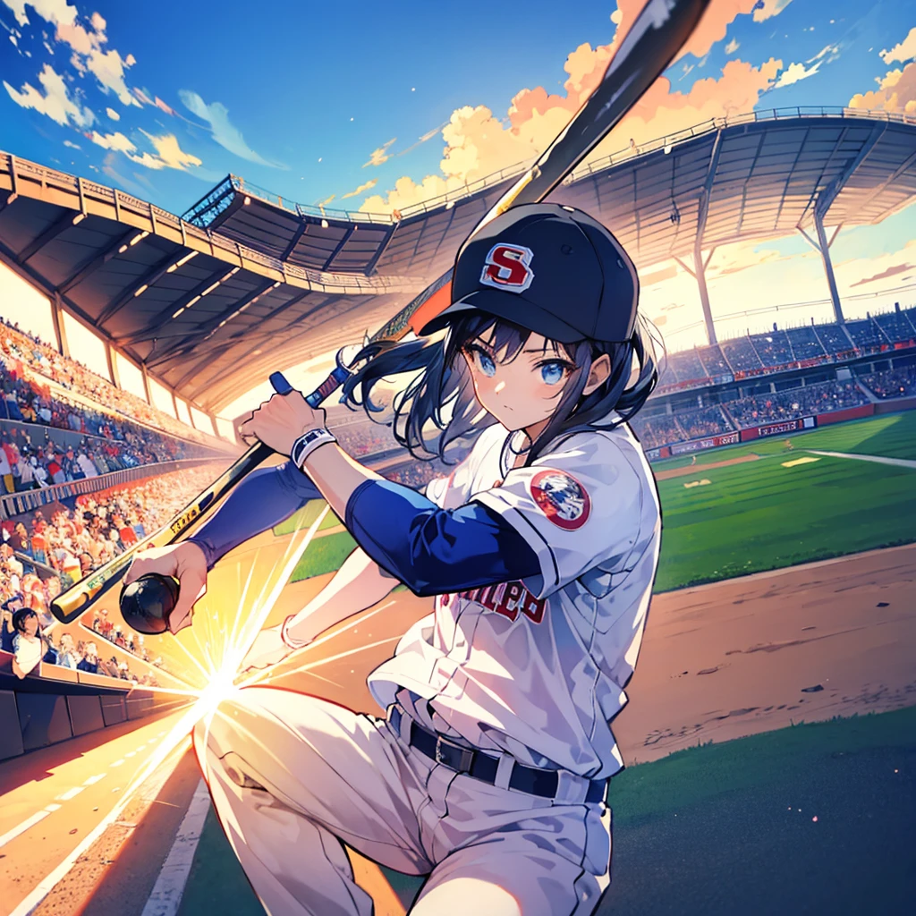 Masterpiece, ultra detailed, beautiful,Super Saturation, anime style, baseball player, baseball,baseball ground, sunlight,