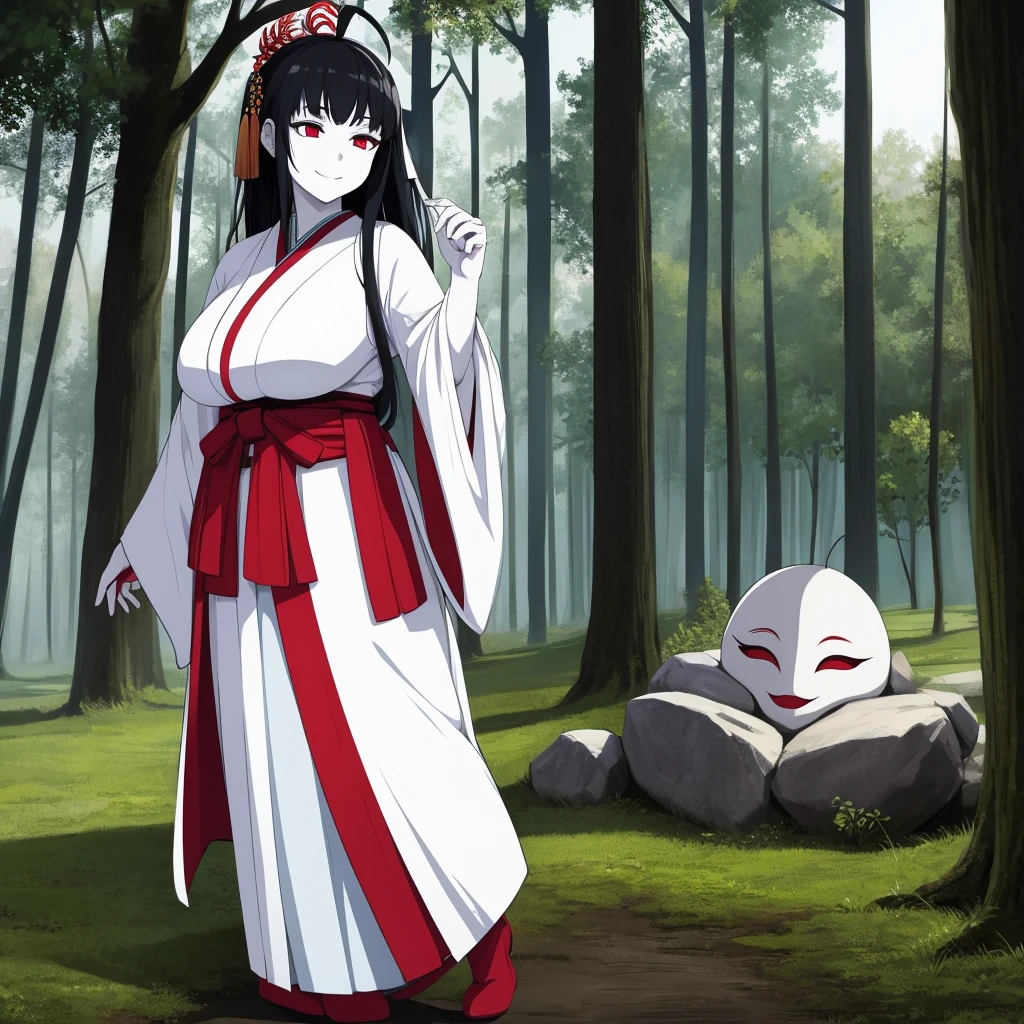 A woman wearing an old white kimono with a dark style, white skin, completely white skin, bright red eyes, wearing an Okamê Mask, Japanese folk style, dark Japanese aesthetics, big breasts, smiling, black hair, long hair, ahoge in her hair, full body , on a shady lawn, fog, obscure place, darkened place, horror aesthetic, (woman solo)
