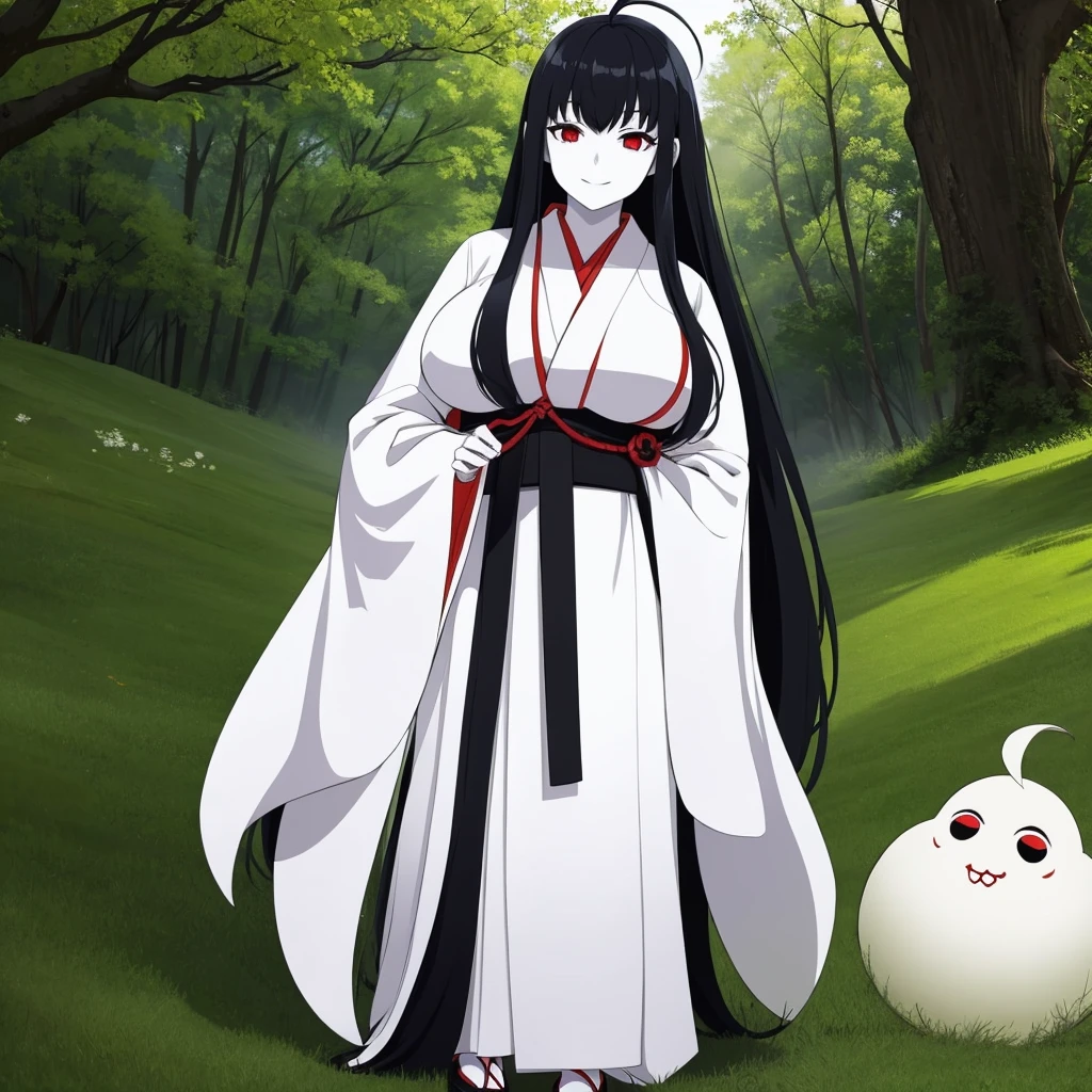 A woman wearing an old white kimono with a dark style, white skin, completely white skin, bright red eyes, wearing an Okamê Mask, Japanese folk style, dark Japanese aesthetics, big breasts, smiling, black hair, long hair, ahoge in her hair, full body , on a shady lawn, fog, obscure place, darkened place, horror aesthetic, (woman solo)
