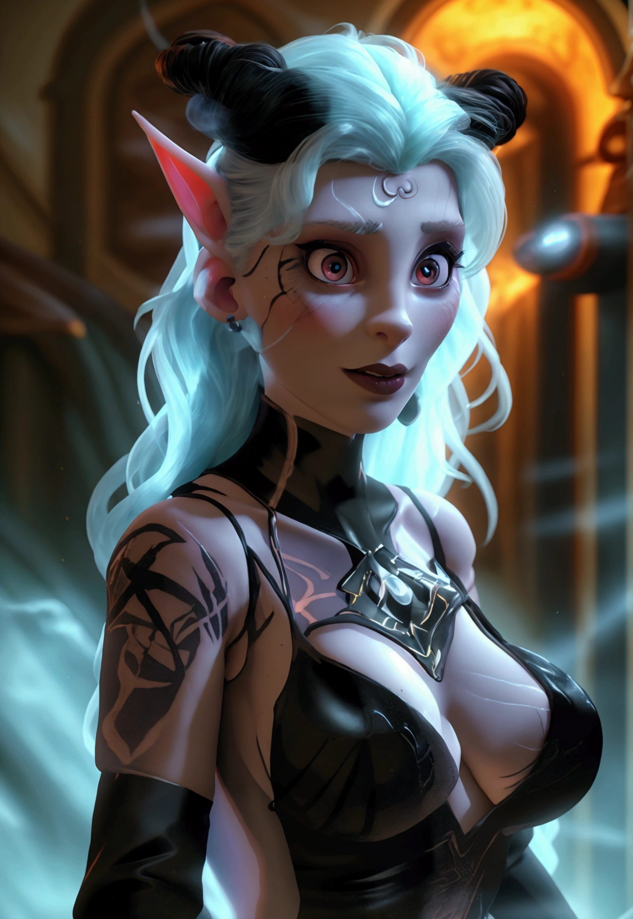 A dark elf (Beverly Crusher, age 30), pale white skin, large pointy ears, blood red eyes, large evil tattoos, sheer black lingerie, posing sultry in her summoning chamber, entire body, (best quality,4k,8k,highres,masterpiece:1.2),ultra-detailed,(realistic,photorealistic,photo-realistic:1.37),dark fantasy, chiaroscuro lighting, moody atmosphere, intricate details, dramatic lighting, cinematic composition
