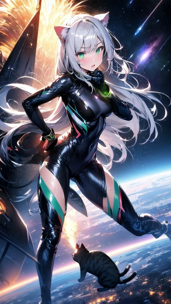prompts A silver-haired beautiful girl with cat ears eyes are green hair is silver and long clothes: a form-fitting black combat suit The fist is an afterimage The background is a city at night her is in a cat-like fighting pose The year is 14 years monitor, Dark Night, Sweat, Steam of Exhalation, Space, Battle, Dynamic Angle one girl