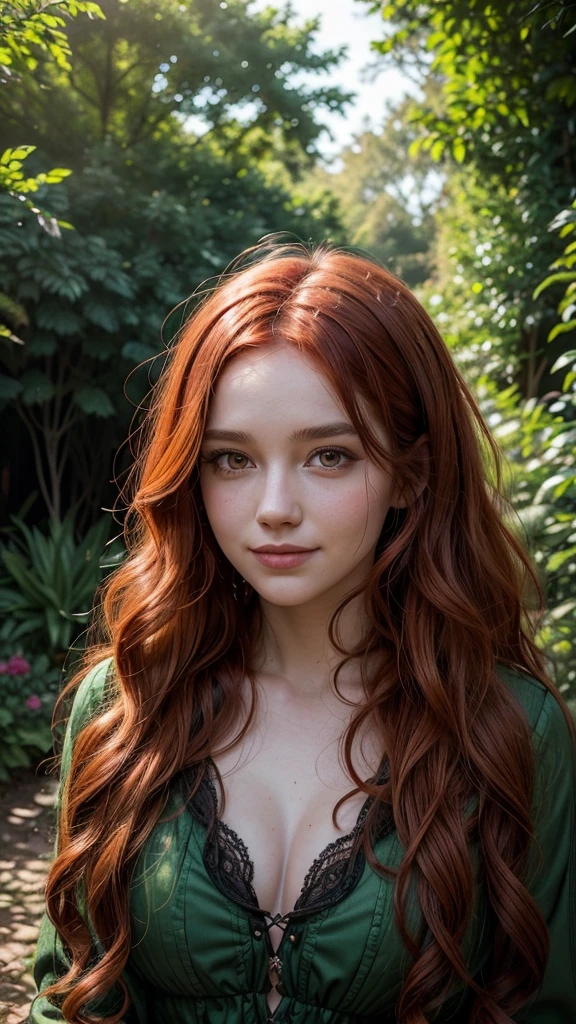 A 25-year-old realistic witch woman with curly red hair and a slight smile stands in a magical, enchanted garden under soft natural light