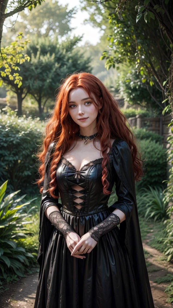 A 25-year-old realistic witch woman with curly red hair and a slight smile stands in a magical, enchanted garden under soft natural light